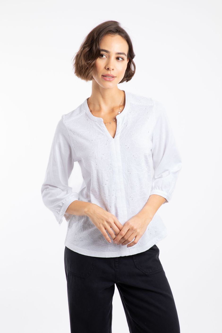 Mabel Broidery 3/4 Sleeve Top White