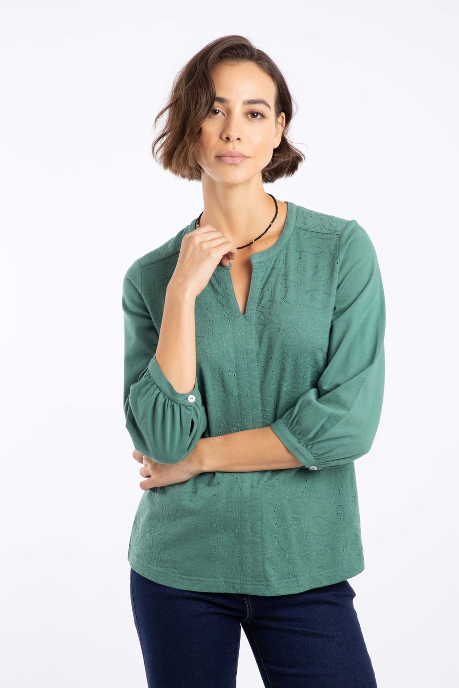 Mabel Broidery 3/4 Sleeve Top Ivy