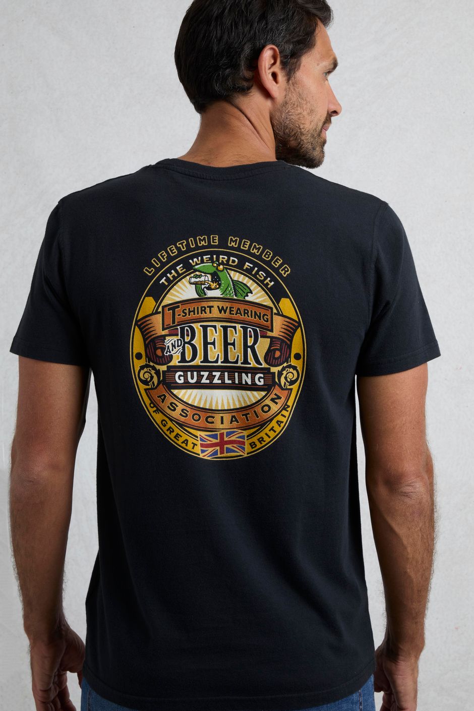 Beer Guzzling Back Print Artist T-Shirt Black