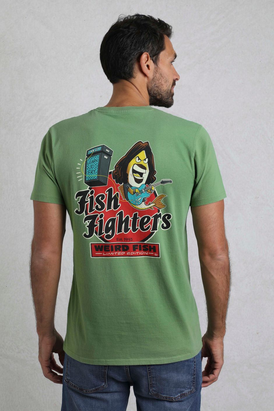 Fish Fighters Back Print Artist T-Shirt Artichoke Green