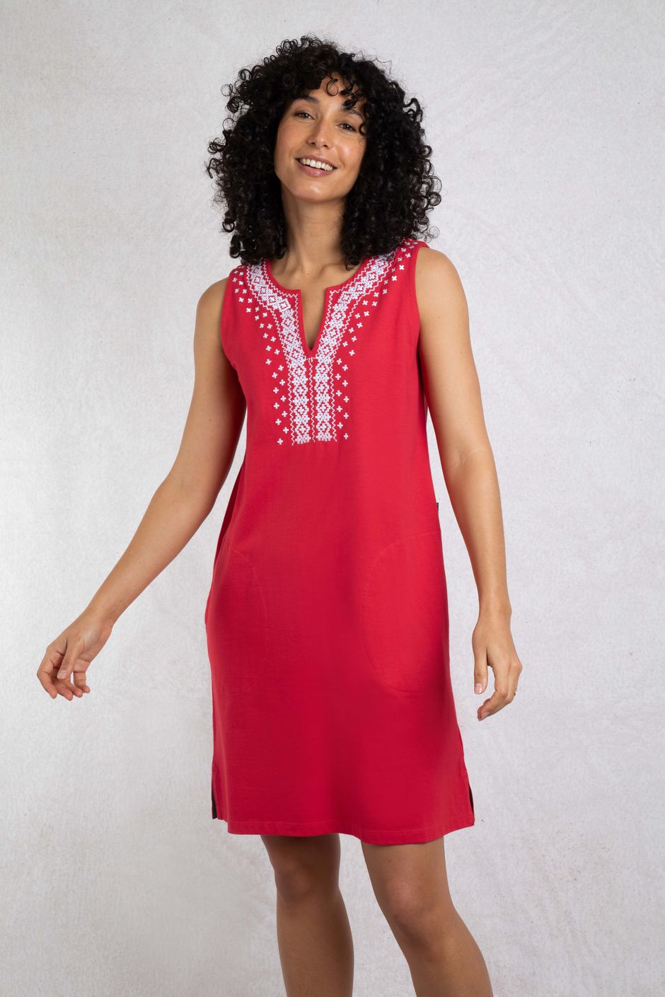 Anaya Organic Cotton Embroidered Jersey Shift Dress Crimson
