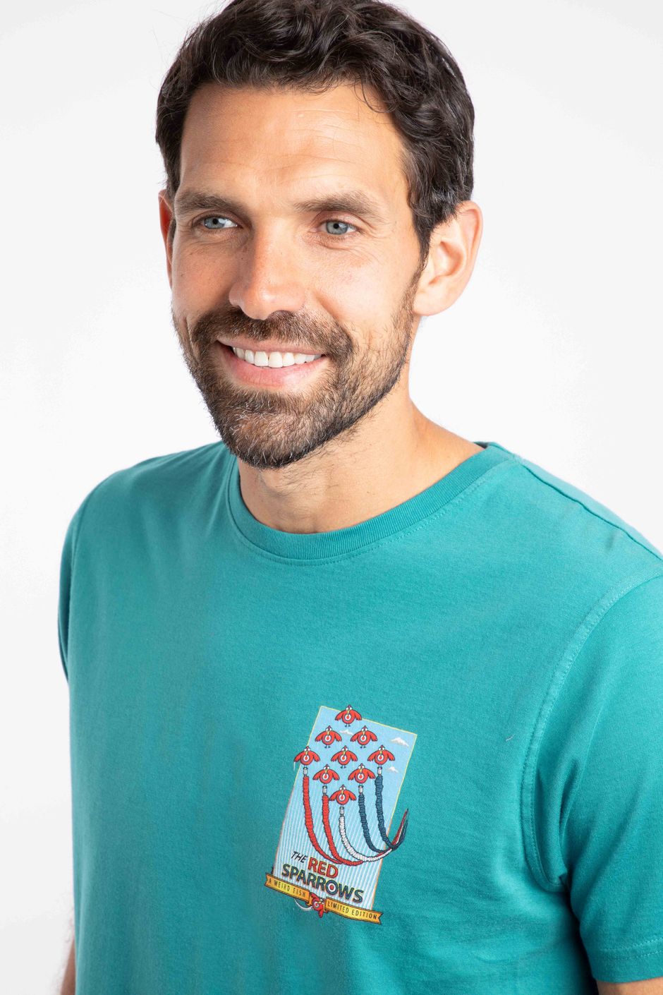 Red Sparrows Back Print Artist T-Shirt Deep Teal