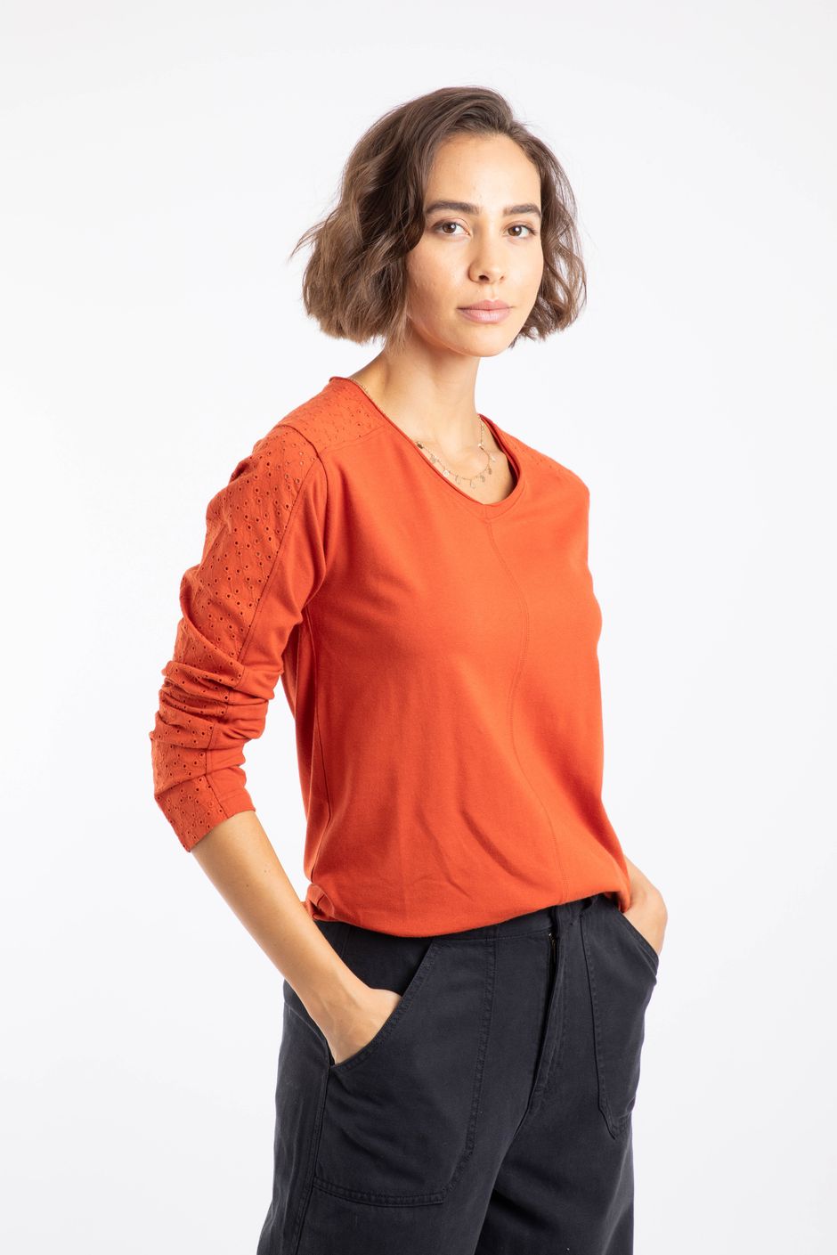 Topia Broderie Sleeve Outfitter Top Rust Leaves